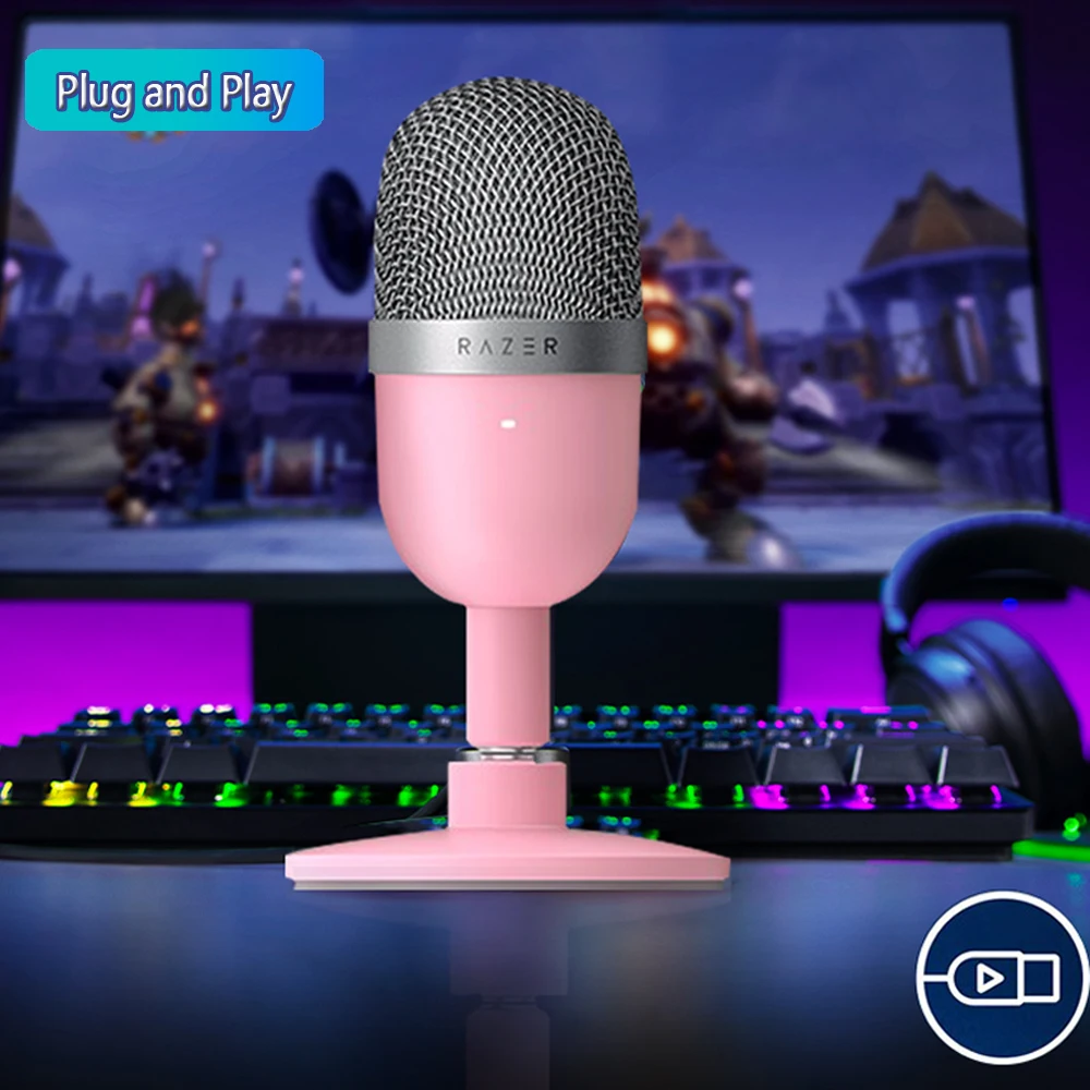 Razer Seiren 미니 USB 콘덴서 마이크, 울트라 컴팩트 스트리밍 마이크, 슈퍼 카디오이드 픽업 패턴 핑크 마이크