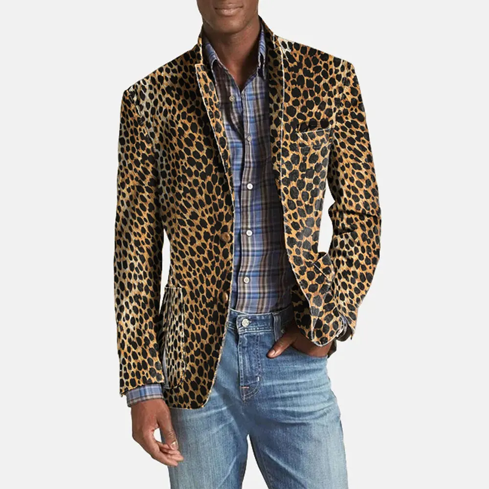 Men's Blazer Business Casual Leopard Print Notch Lapel Pocket Two Button Blazer Long Sleeve Elegant Luxury Males Suit Coat