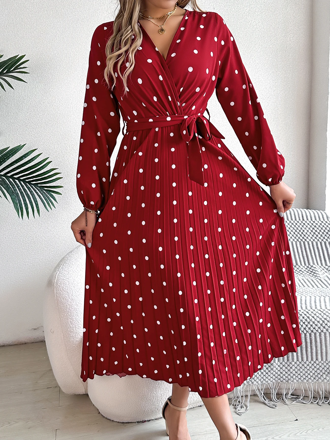 Elegant Long Sleeve Polka Dot Bridesmaid Dress
