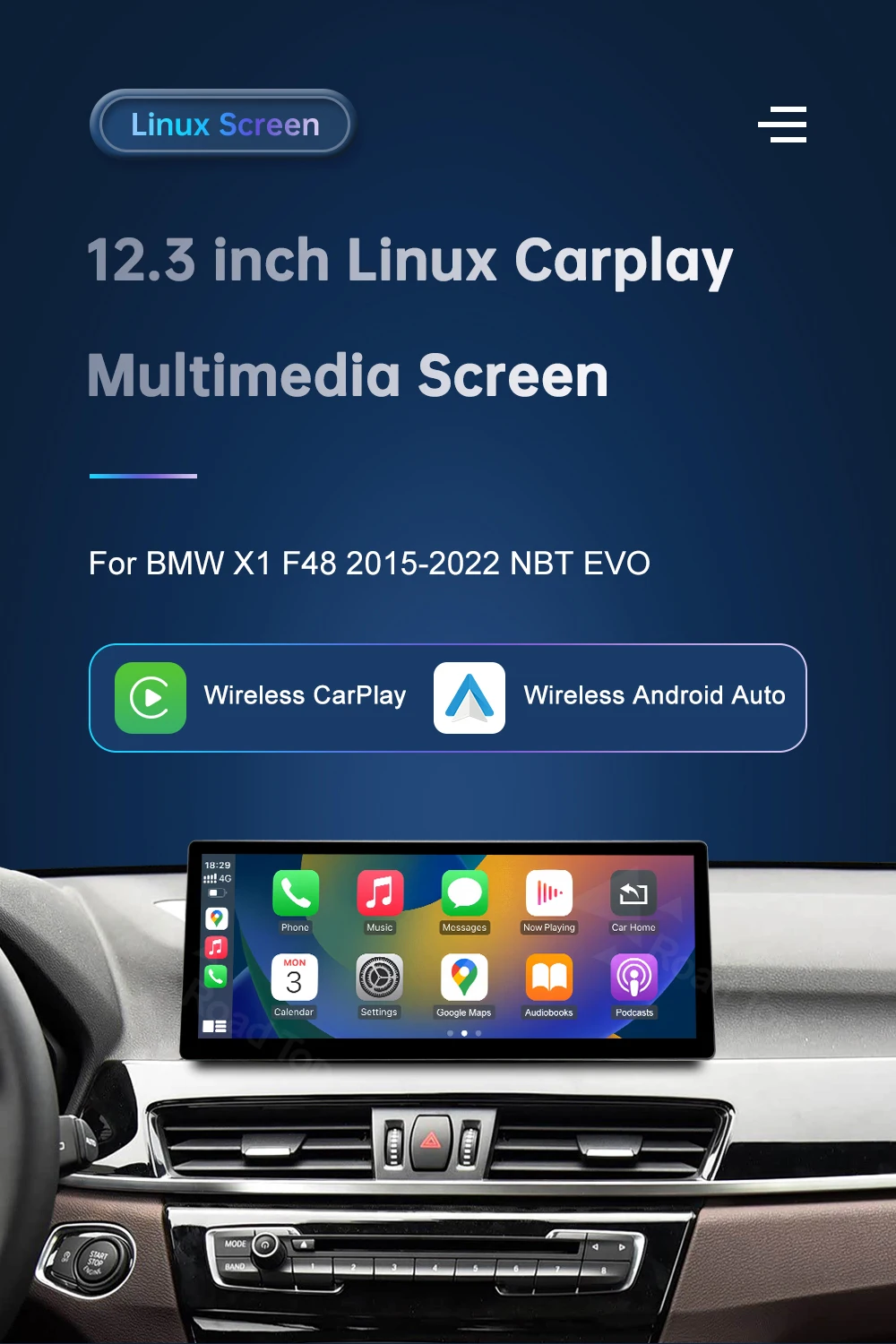 DE 10,25'' 12,3'' Multimedia-Display für BMW X1 F48 2015-2022 NBT EVO Touchscreen Wireless Carplay Android Auto – Detail 1