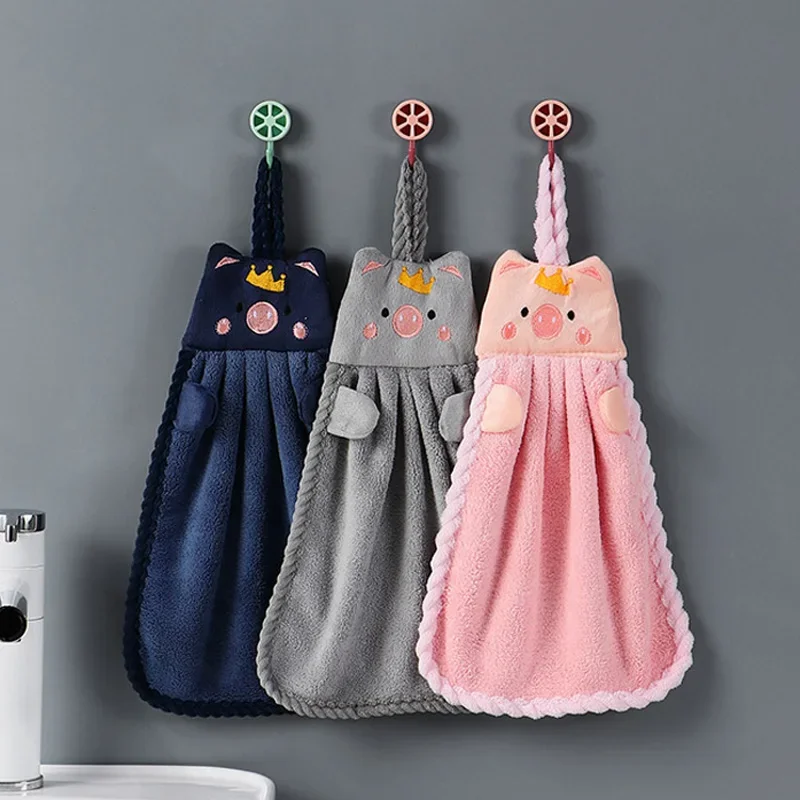 

Cartoon Pig Hand Towel Wall-mounted Soft Coral Fleece Kids Wipe Handkerchief Quick Dry Absorbent Kitchen Washcloth Bath Towels