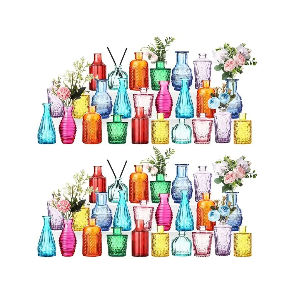 

60 Pcs Colored Glass Bud Vases Small Vases for Flowers Vintage Embossed Vases in Bulk Mini Glass Bottles Freight Free Vase Home