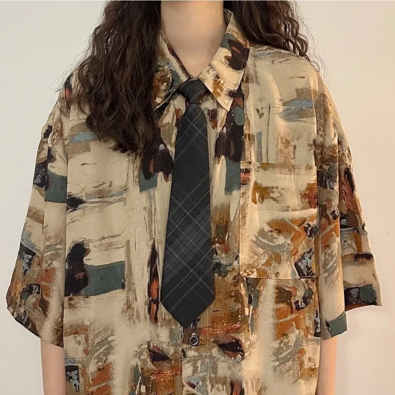 EBAIHUI Vintage Hong Kong Floral Shirt Summer Print Women's Short Sleeved Blouse Loose Lapel Korean Version Chic Blusas