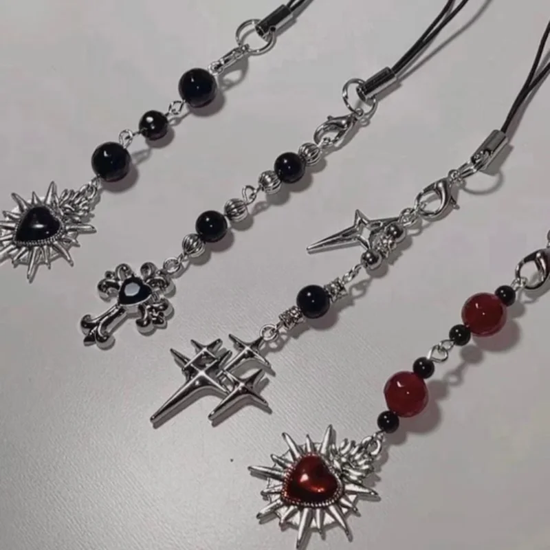 Handmade Gothic Mobile Phone Accessories Gift Y2K Neo Gothic Red and Black Star Cross star charms metal cross charms