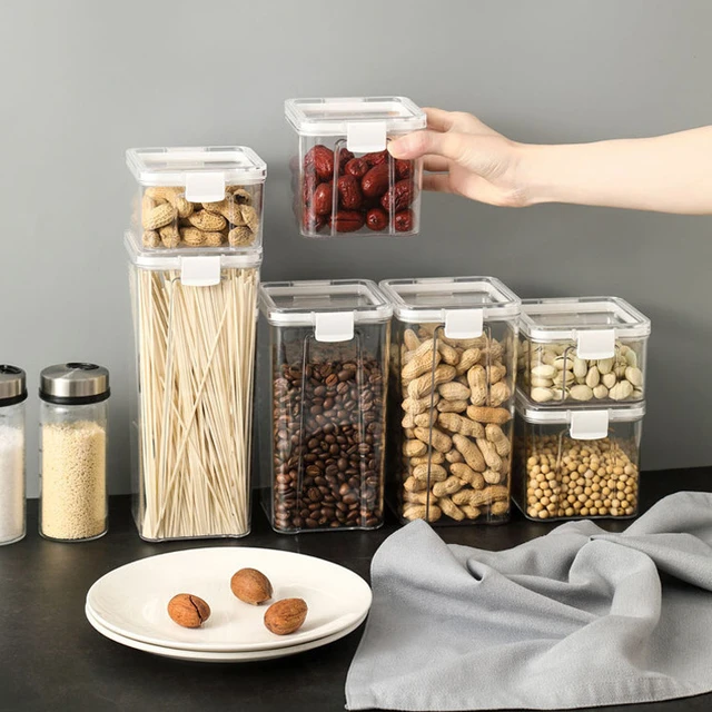 Contenedor de almacenamiento de alimentos para cocina, caja de plástico,  tarros para cereales a granel, organizadores de cocina para despensa,  frascos organizadores con tapa para el hogar - AliExpress