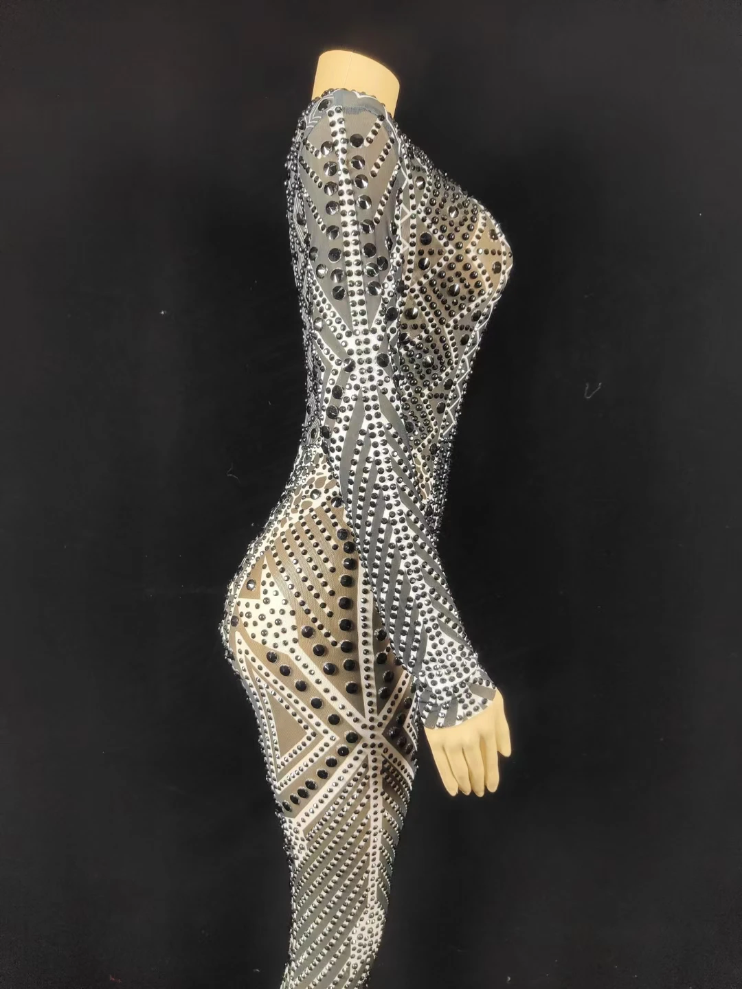 Sexy See Through Pearl Stone Party Club Outfit Singer Dance Leotard Romper Bodycon Bodysuit Women One Piece Shiny Jumpsuits Jihe