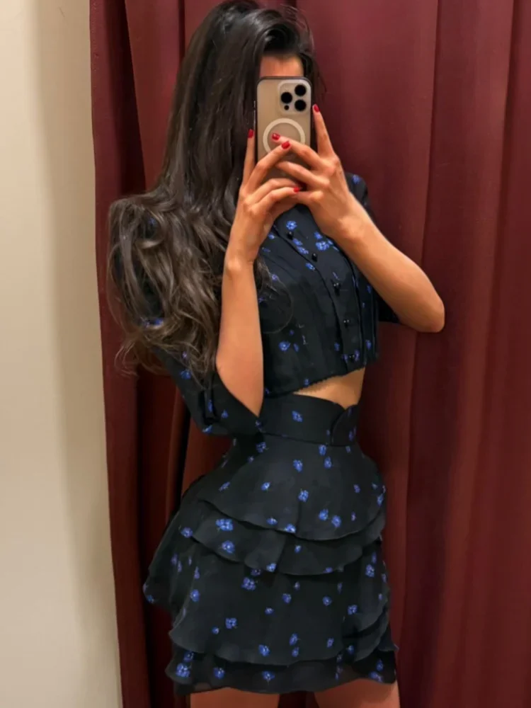 Women's Fashion Print Mini Skirt Set Bubble Sleeves O-neck Crop Top Layered Ruffle Suits 2026 Summer Lady New Highstreet Outwear 3