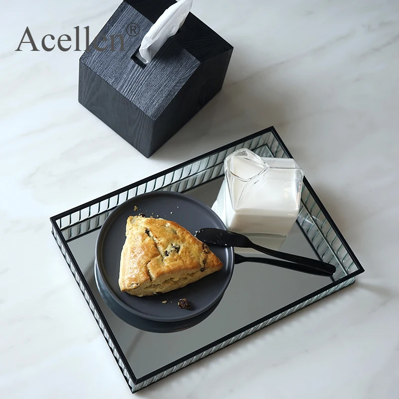 Glass Mirror Tray Gold/sliver/black Metal Edge Red Wine Plate Decorating Storage Tray Cake Tools Home Deco Modern Storage Trays