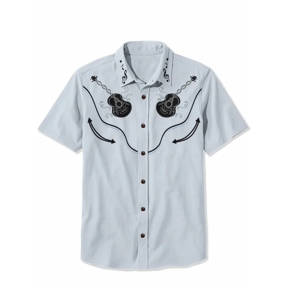 Cowboy with Guitar Cotton Shirt Punk Face Men's Hawaiian Shirt Summer Short Sleeve Button Down Tropical White Tops