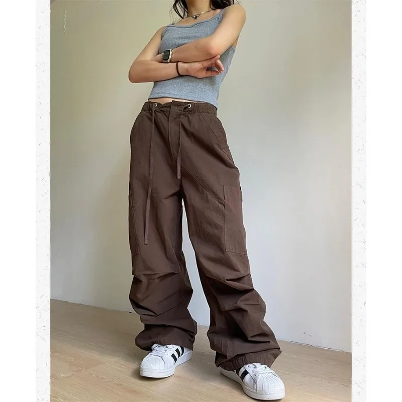 QWEEK Vintage Cargo Parachute Pants Women Oversized Y2k Streetwear Baddies Korean Fashion Baggy Pleated Trousers Hippie Grunge qweek y2k oversized women s jeans harajuku vintage wide leg denim pants streetwear baddies punk hippie trousers korean fashion