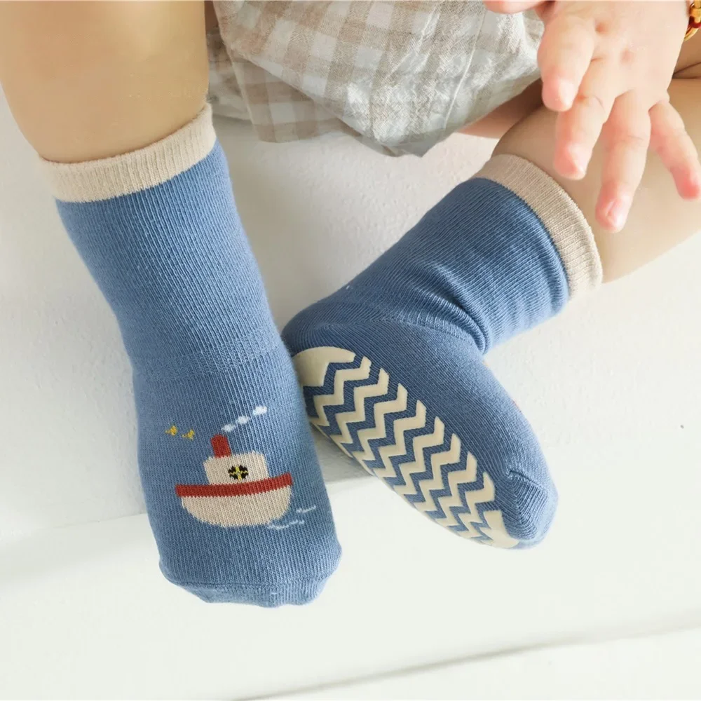 Autumn Spring Korean Baby Anti-slip Sport Thermal Floor Socks Children Cute Cartoon Transport Home High Long Slippers Stockings