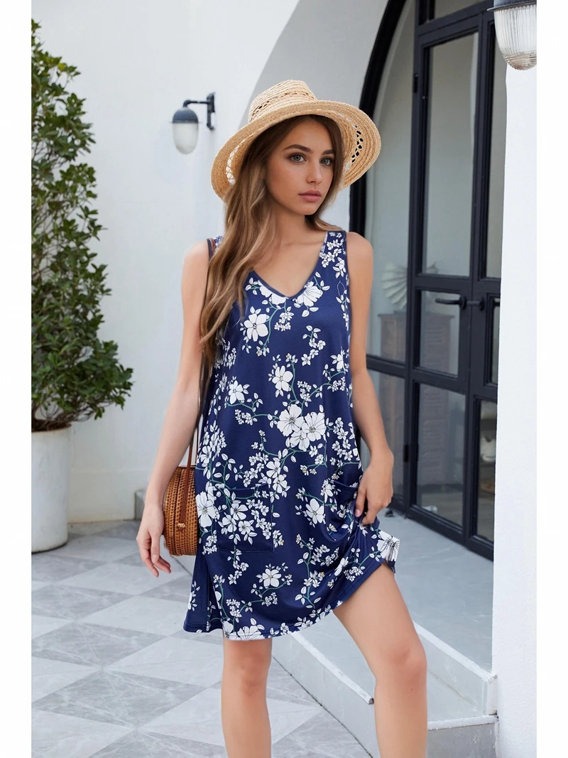 Womens Summer Dresses Loose V Neck Sleeveless Sundresses Swimsuit Coverup With Pockets Floral-N58