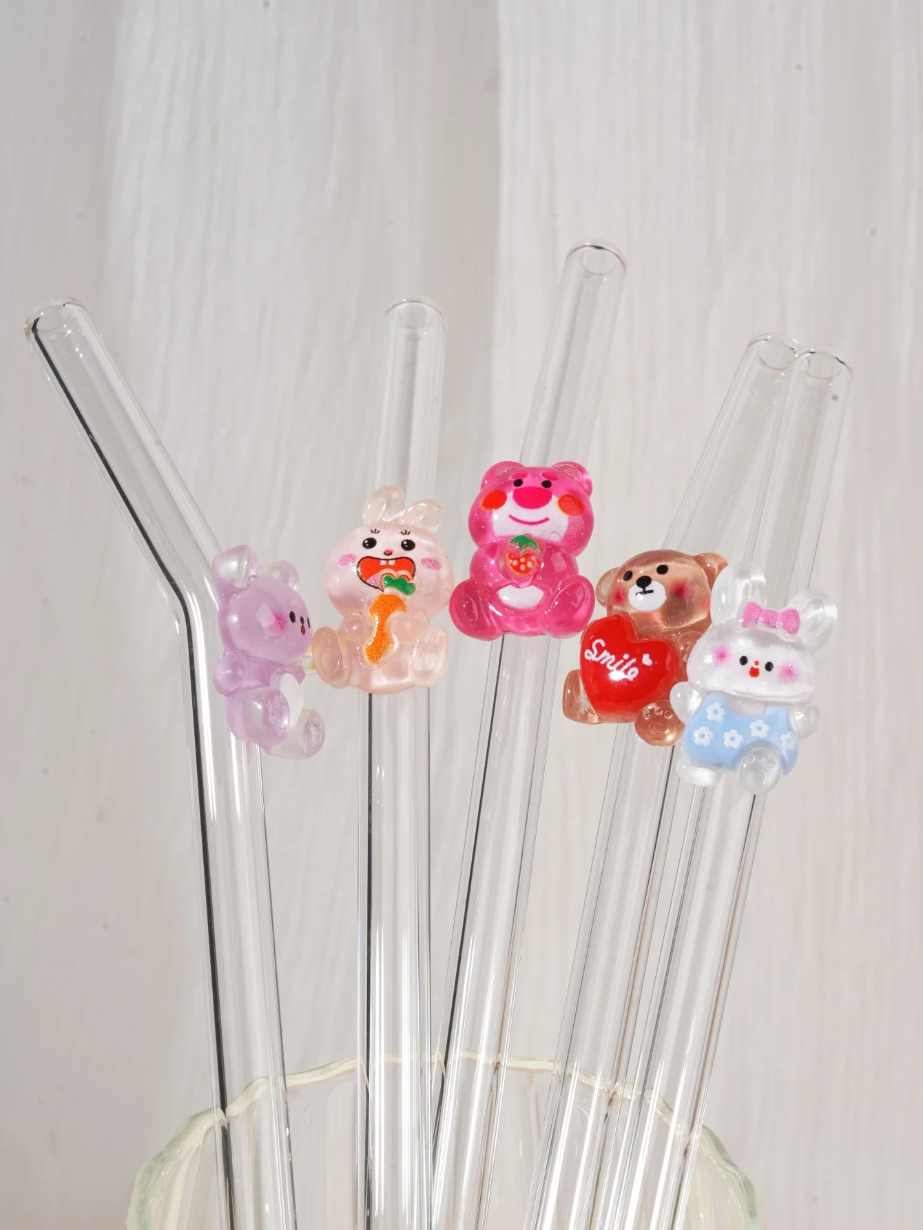 Curved Glass Straw Set with Cute Animal Design - Reusable and Perfect