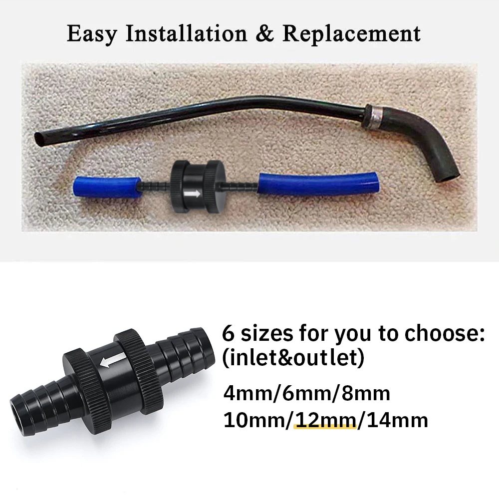 6 Size 4MM / 6MM / 8MM 10MM 12MM 16MM Non Return One Way Fuel Check Valve Aluminum Alloy Petrol Diesel check valve