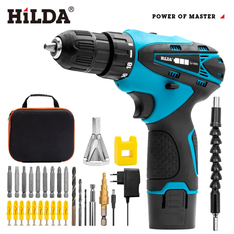 Hilda-2 단 충전식 무선 전기 스크루 드라이버, 리튬 배터리 LED 조명, 방수 핸드 전기 드릴 12 v, 2 개