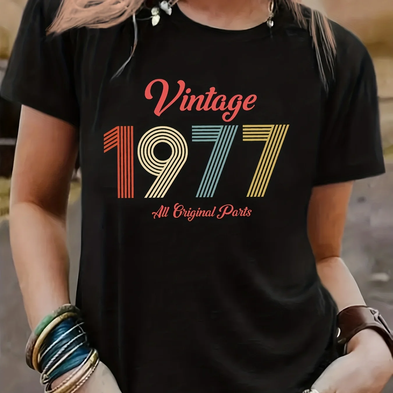 

Vintage 1977 Print T-shirt - Women's Casual Crew Neck Short Sleeve Tee