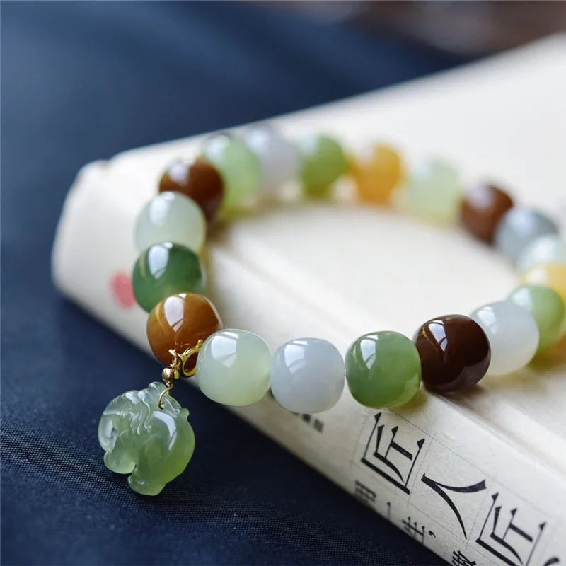 Mehrfarbiges Armband für Herren und Damen, Schmuck, Geburtstag, Weihnachten, Geschenk, hochwertiges Hetian-Jade-Armband, 9 x 10 mm – Detail 1