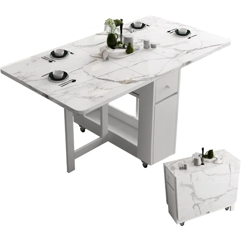 

Folding Dining Table with Rack and 2 Storage Drawers, Movable Extendable Space Saving Kitchen Table,new