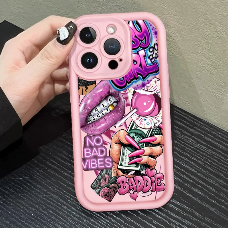 Pink Lips USD Banknote Printed Silicone Phone Case For iPhone 17 16 15 14 13 12 11 Pro Max 17 Air X XR XS 15 Plus 16e Soft Cover 5