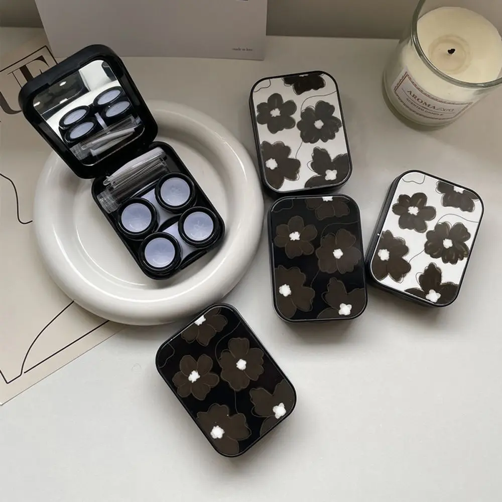 

Portable Y2K Flower With Mirror Gift Black Series Women Contact Lens Case Eyewear Cases Plastic Korean Style Glasses Case