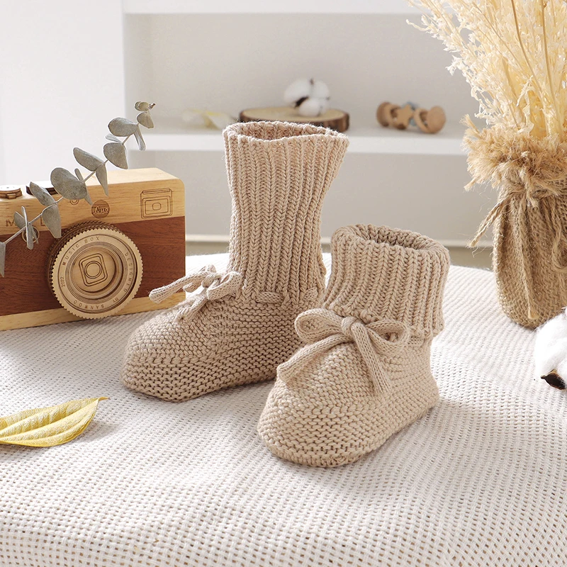 Newborn Baby Shoes Cotton Knit Infant Boys Girl Boots Fashion Tie Solid Toddler Kid Clothing Accessories 0-18M Walk Bed Footwear