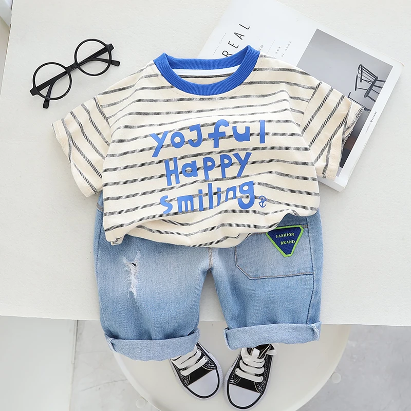 

Summer New Baby Boys Clothing Letter Print Stripe Short Sleeve +Denim shorts children's clothes set
