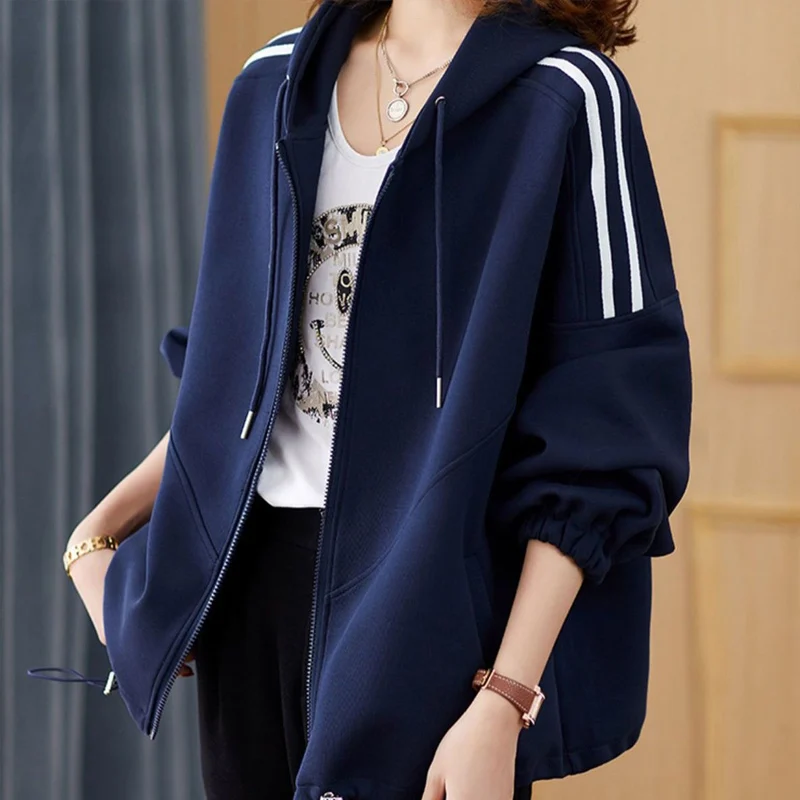 2023 Spring Autumn New Solid Color Hooded Long Sleeve Sweatshirts Cardigan Women Casual Loose Drawstring Pocket All-match Coat