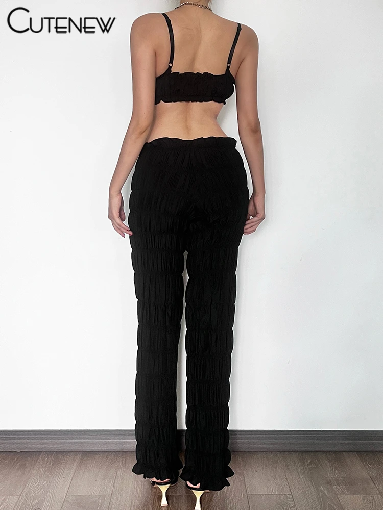 Shirring Trim Women 2 Piece Summer Unique Fashion Solid Crop Camisoles+Elastic Waist Pants Female Matching Sexy Clubwear