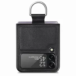 Slim Leather Phone Case with Finger Ring Holder and Anti-Drop Protection for Galaxy Z Flip5 (Black)