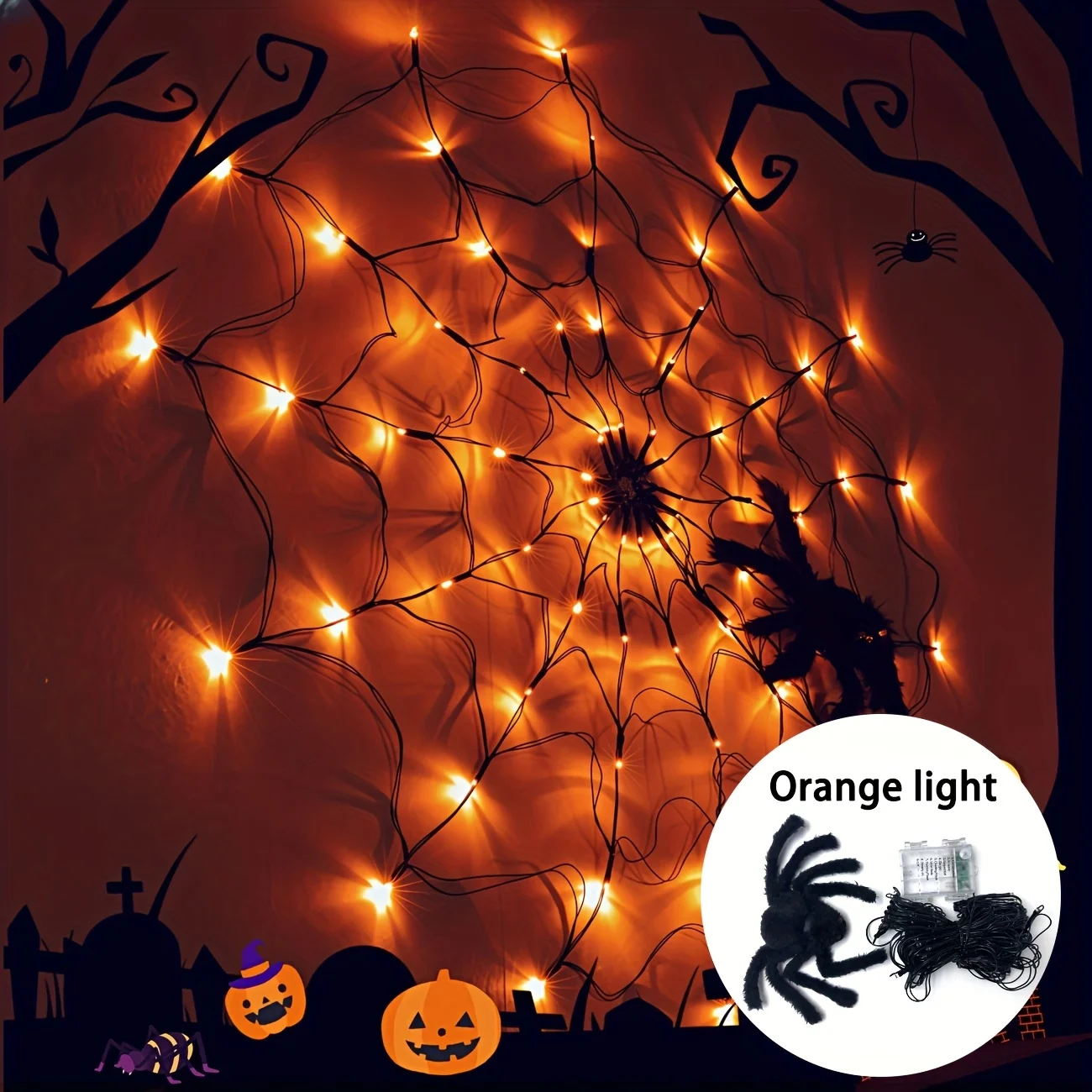 Halloween Spider Web Light w/ Giant Spider 8 Modes Remote Control USB Powered for Spooky Indoor Outdoor Decor