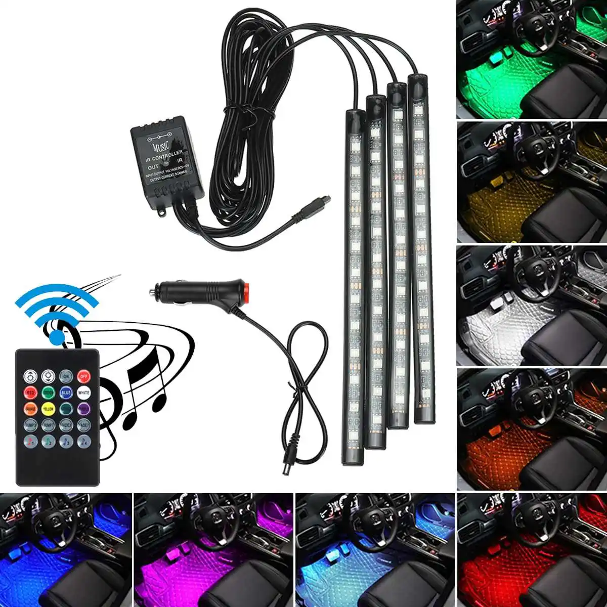 자동 주변 조명 48 LED 스트립, 자동차 발 실내 장식, RGB 조명, 원격 제어 분위기 램프, 자동차 액세서리