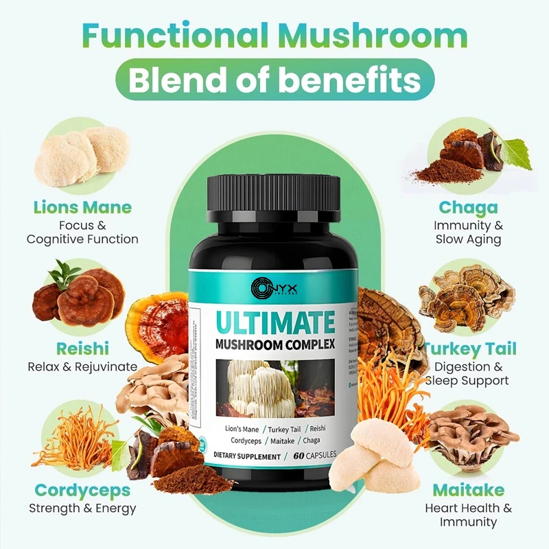 6-in-1 Mushroom Complex-Lion Mane, Ganoderma lucidum, Cordyceps sinensis, Chaga, Turkey Tail, Dancing Mushroom 60 capsules