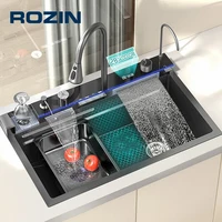 304 Stainless Steel Kitchen Sink with Digital Display Waterfall Faucet, Multifunctional 75*45cm Large Single Slot Whale Sink 1