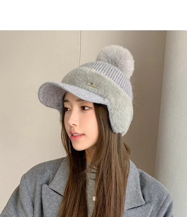 Nuovo berretto da baseball invernale in pelliccia di visone con protezione per le orecchie in pelliccia di coniglio per le donne, moda coreana, tinta unita, semplice cappello lavorato a maglia con palline di lana_voghion.com