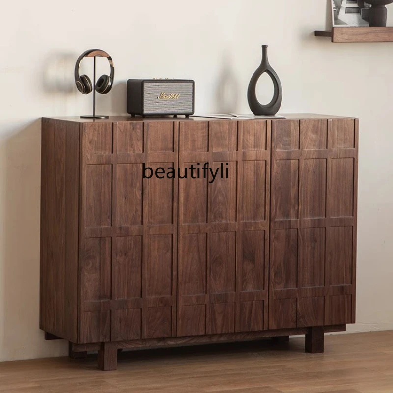 

Nordic Solid Wood Black Walnut Retro Three-Door Shoe Cabinet Home Entrance Multi-Layer Storage Cabinet