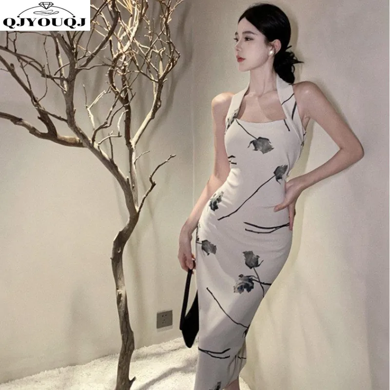 French Rose Print Hanging Neck Slim Fit Dress Spring/Summer New Celebrity Style Mid length Wrapped Hip Skirt