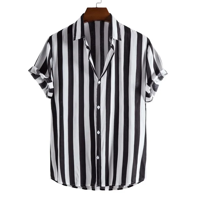 

Men's Digital Printing Stripes Hawaii Lapel Thin Short Sleeve Shirt