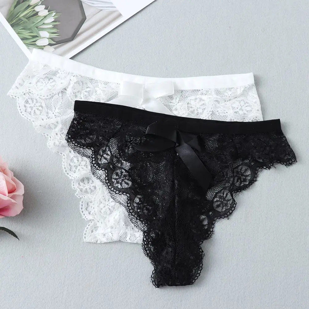 Women's Lingerie Transparent Underpants Lace Flowers Underwear Hollow Bow Panties Thong G String Trendy Briefs M-3XL women lingerie