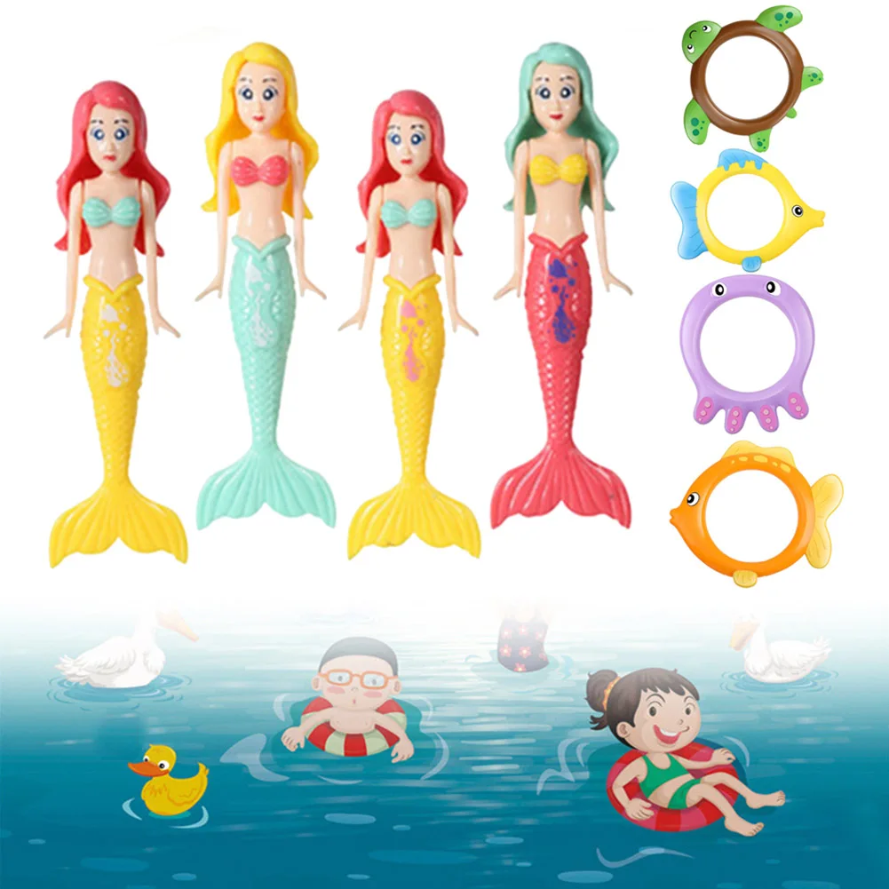 8Pcs Diving Ring Toy 4 Rings and 4 Mermaids Pool Sinking Toy Set Underwater Diving Toys Cute for Training