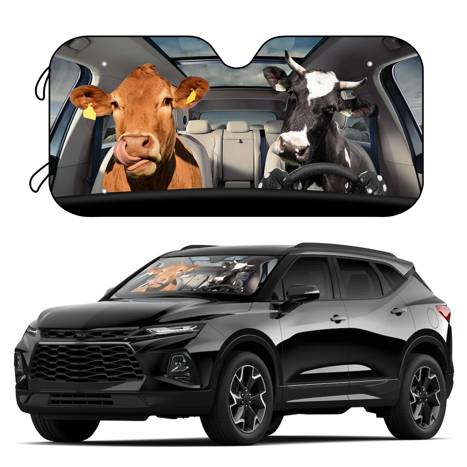 

1pc Funny Cow Driver Auto Windshield Sunshade With 4 Free Suction Cups Blocks Farm Pet Auto Universal Foldable Couple Animal Sun