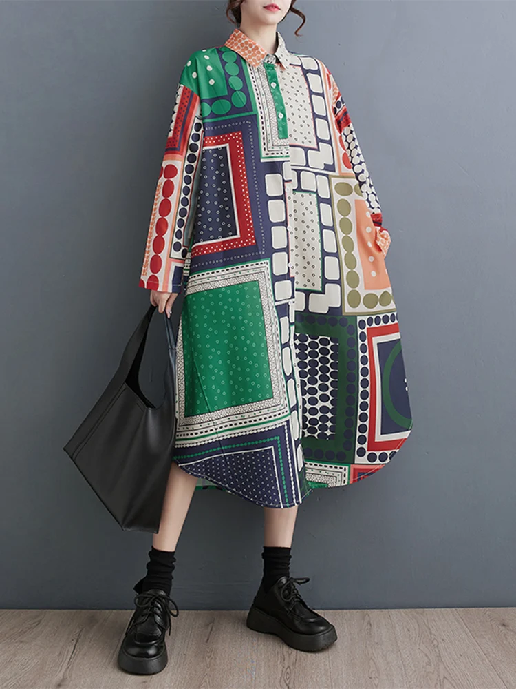2025 Spring Autumn New Vintage Polka Dot Print Dresses For Women Korean Fashion Long Sleeve Loose Casual Dress Elegant Clothing