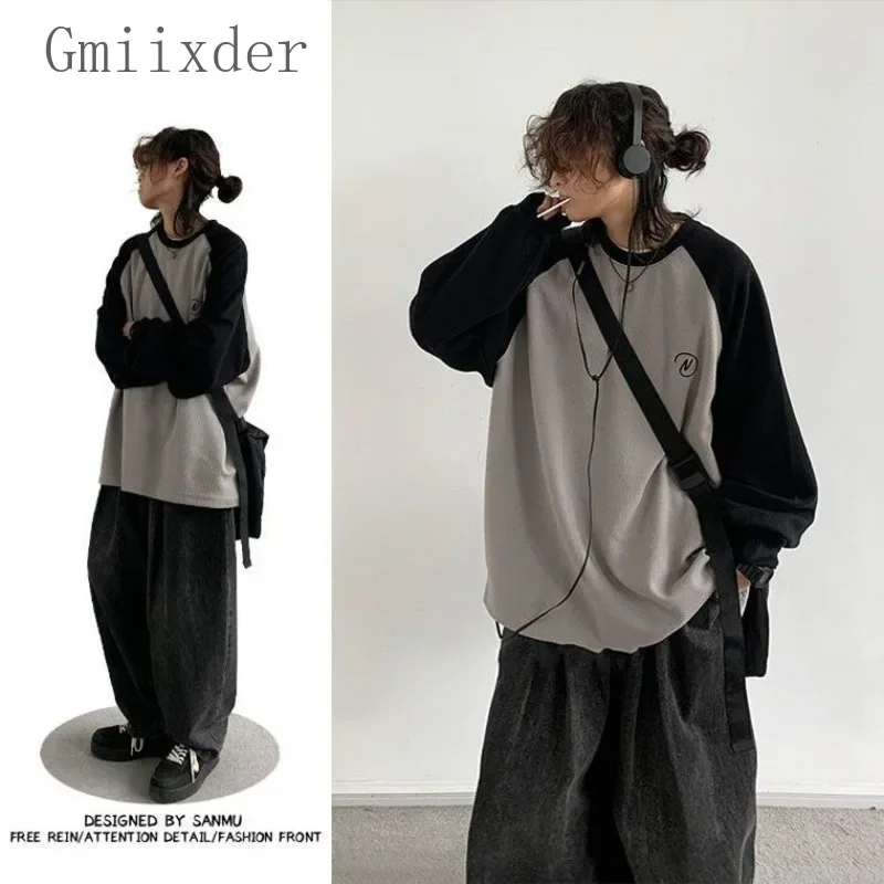 

Spliced Waffle Shirt Early Autumn O-Neck Sweatshirt for Men's New Long Sleeve Japanese Cityboy Raglan Sleeve Retro Oversized Top