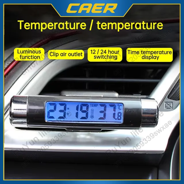 Car Air Outlet Thermometer Electronic Clock Time Led Digital Display Thermometer Car Supplies with Back Luminous