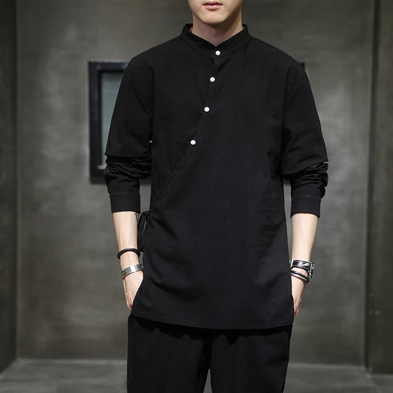 New Chinese Style Men\'s Hemp Shirt Cotton Linen Tang Suit Hanfu Retro Casual  Zen Harajuku tops Clothes Men Clothing White Shirt