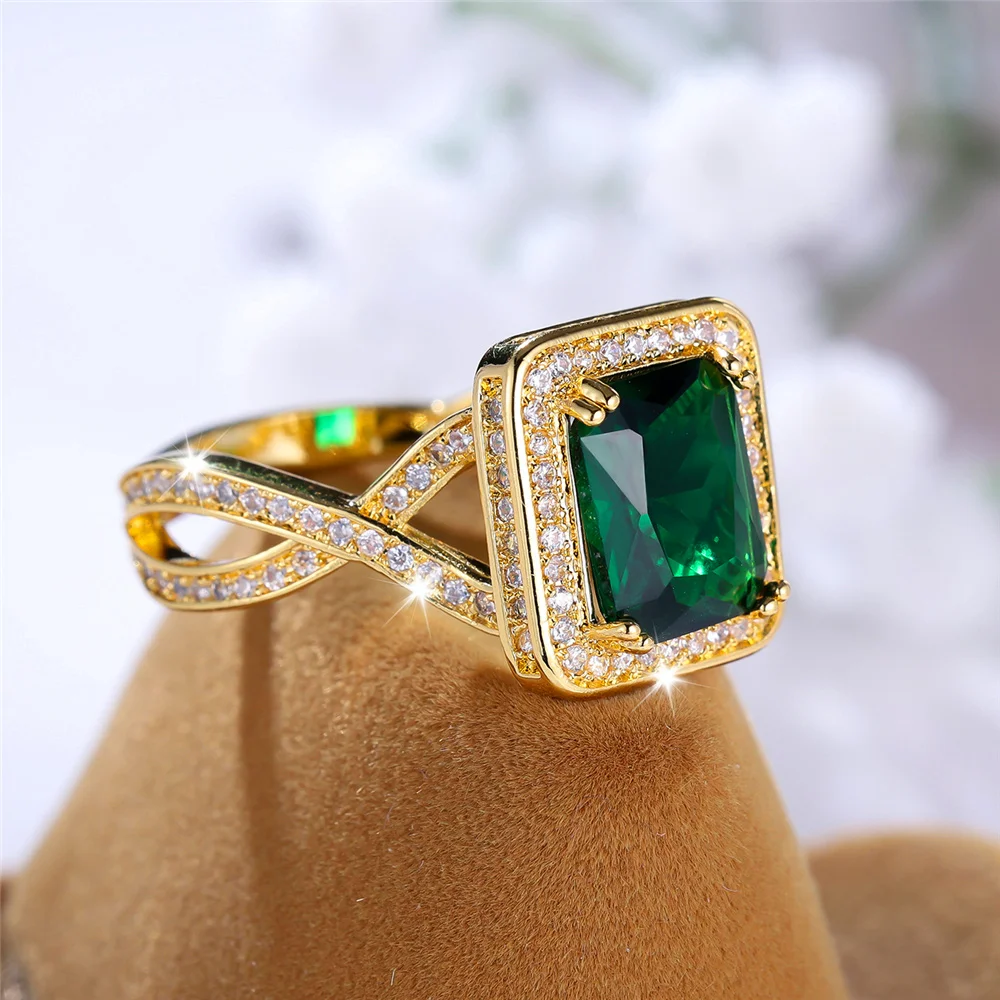 Cute Female Green Stone Square Ring Vintage Yellow Gold Color Wedding Jewelry For Women