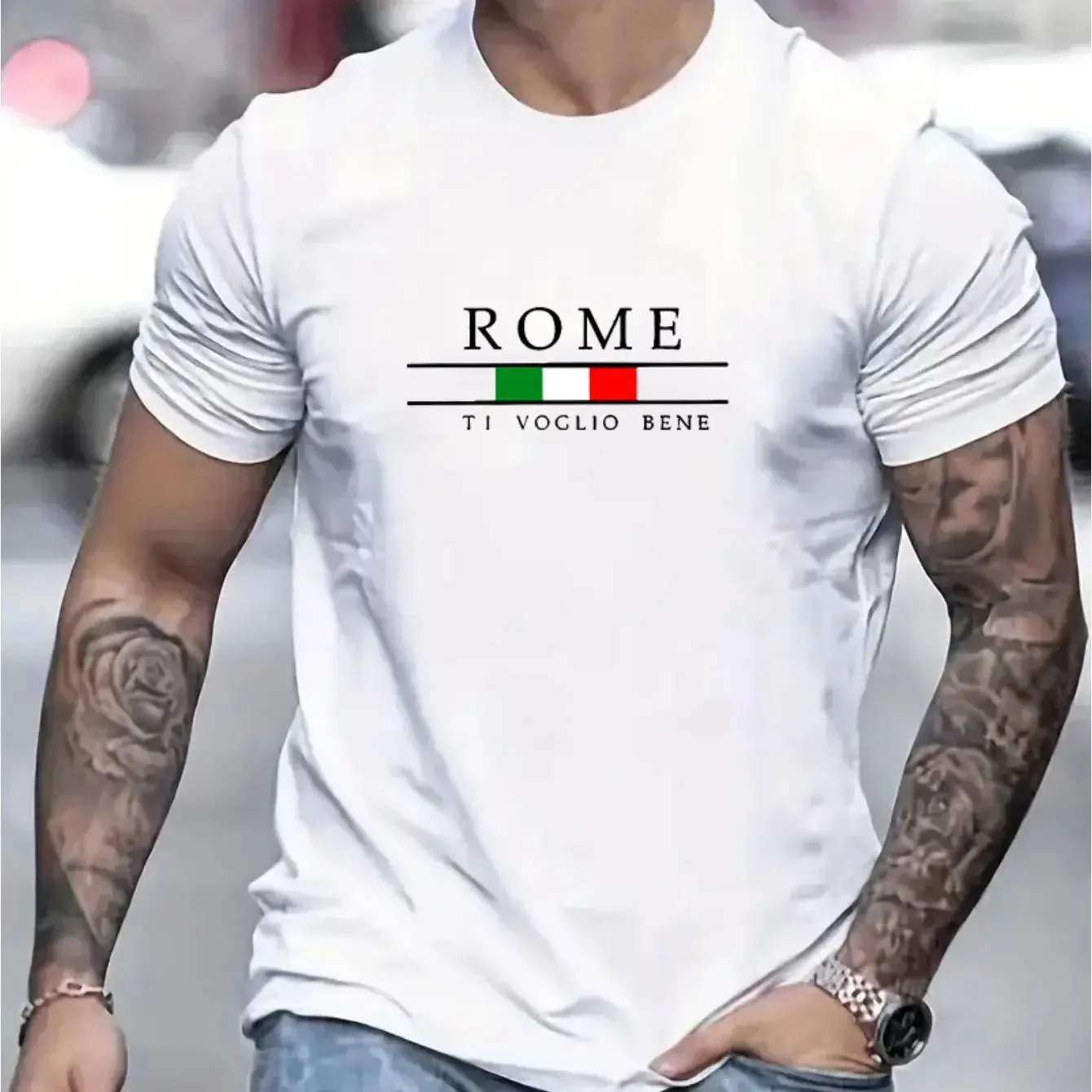 thumbnail image 1 of Camiseta de verano 100 % algodón para hombre, holgada, con estampado de alfabeto romano grande, informal, cómoda, con cuello redondo y manga corta, 1 of 5