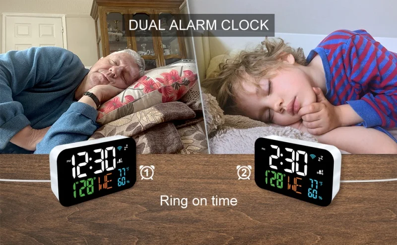 Description Picture 6 of itemDigital Alarm Clock WIFI Synchronized Time TEMP Humidity Date 2 Alarms Unlimited Snooze Table Clock 12/24H USB Powered LED Clock
