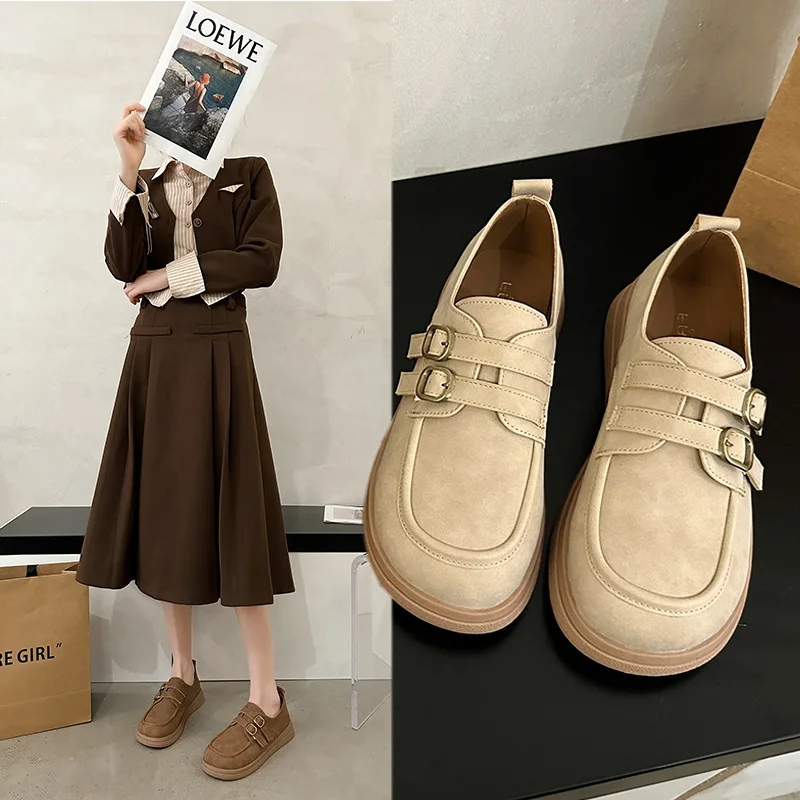 

Туфли дерби женские на платформе, меховые кроссовки с закрытым носком, повседневная кожаная обувь в британском стиле, клоги