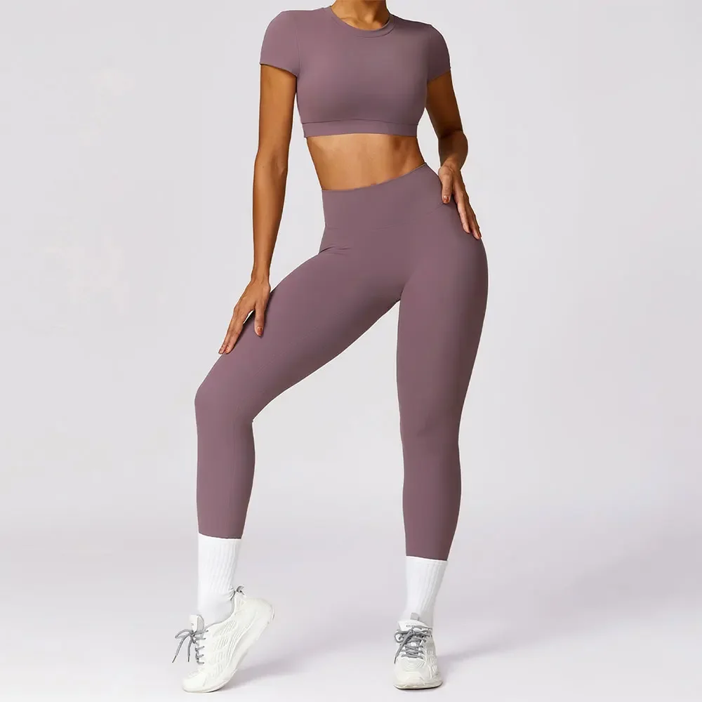 

2PCS Women Tracksuit Yoga Set Workout Sportswear Gym Clothing Fitness Short Sleeve Crop Top High Waist Leggings Sports Suits