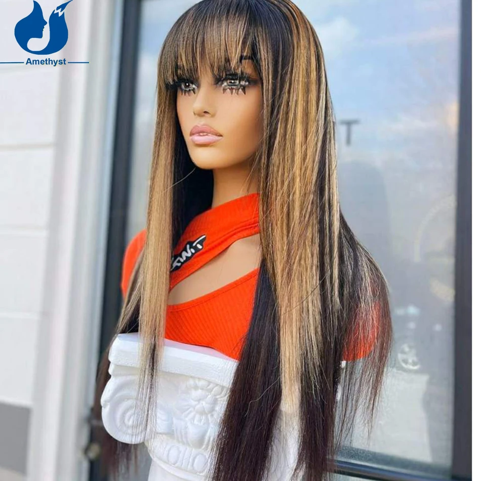 

Amethyst 200% Highlight Blonde Straight Human Hair Wig With Bangs Scalp Top Full Machine Made Wig None Lace Glueless For Women